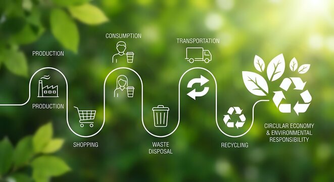 Circular economy concept with white line icons showing sustainable lifecycle from production to recycling on green nature background.