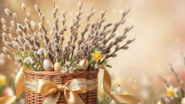 Easter wicker basket with pussy willow branches, golden eggs and spring flowers on bokeh background