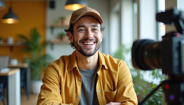 Smiling man records video testimonial. Young guy in casual cap and shirt speaks into camera. Modern office background, interview setup. Authentic presentation style.