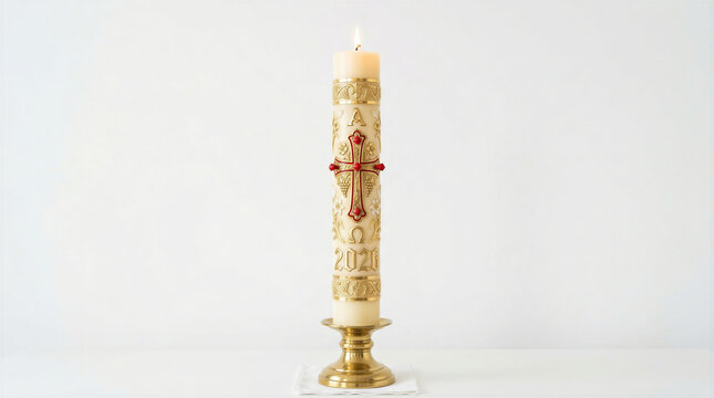 Paschal candle burning with cross and grapes