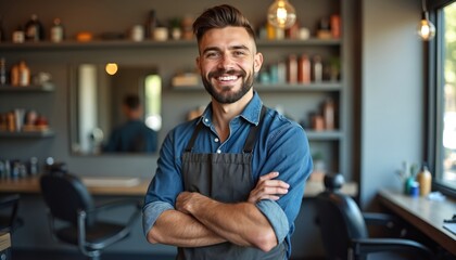 Obraz premium Young bearded man smiles with arms crossed wearing denim shirt and apron in modern barber shop. He stands confidently among shelves stocked with hair products and barber chairs.
