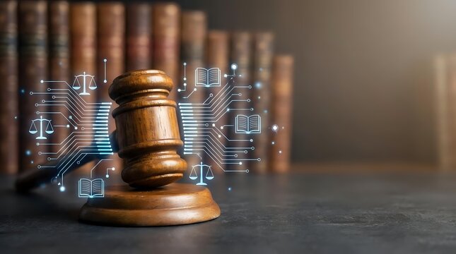 Wooden judge gavel with digital justice icons and law books background for legal technology and court system concepts.