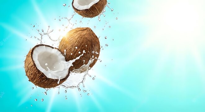 Fresh coconuts cracking open with milk splash against bright turquoise background for tropical summer beverage and healthy food concepts.