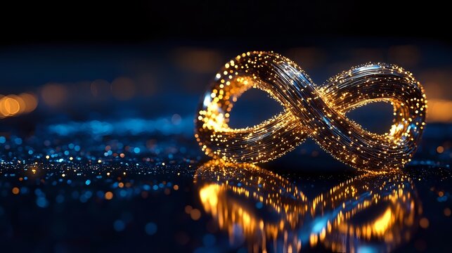 Golden infinity symbol with sparkling lights and bokeh effects on dark blue background representing endless possibilities and eternal concepts.