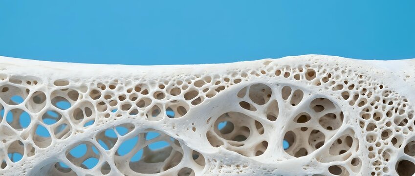 Microscopic bone structure showing osteoporosis with porous calcium matrix and trabecular network on blue medical background for healthcare education.