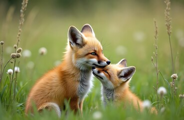 Naklejka premium Mother fox gently nuzzles its adorable cub in a lush green meadow. Two fluffy foxes share a tender moment amidst wildflowers and tall grass. Young animal family bonding in their natural habitat.