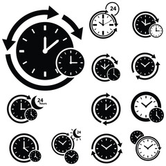 Fototapeta premium A set of vector clock icons showing time with hour, minute, and second hands in a simple black circular design suitable for business and office use