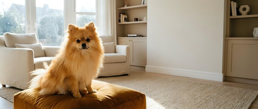Fluffy orange Pomeranian dog sitting on brown leather ottoman in bright modern living room with white furniture and built-in shelving for pet lifestyle content.