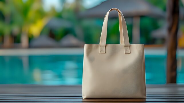 Beige leather tote bag on wooden deck by swimming pool in tropical resort setting for summer vacation and travel accessories.