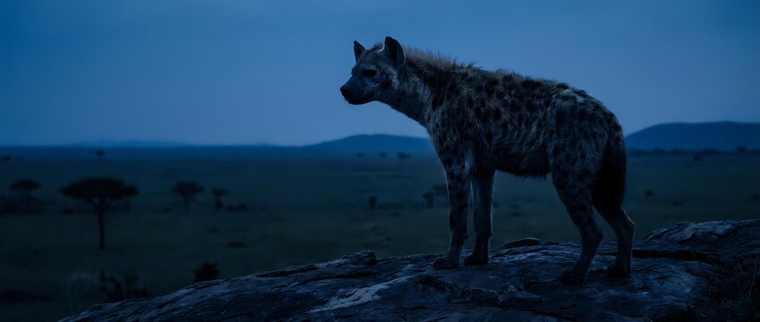 Spotted hyena standing on rocky outcrop during blue hour twilight in African savanna landscape with acacia trees silhouetted against evening sky.