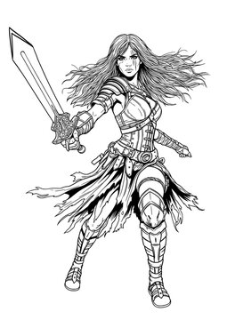 Female Gladiator Warrior in Battle Pose with Sword &ndash; Ancient Arena Fighter Character Line Art Vector