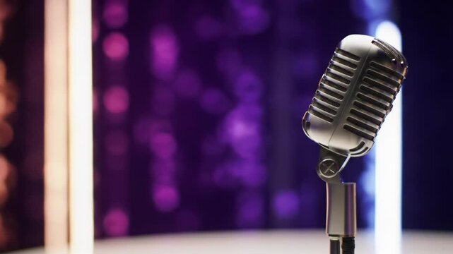 Video of a sleek, chrome professional microphone on a minimalist stand, sharp with a subtle lens flare against vibrant blurred bokeh, perfect for broadcast communication.