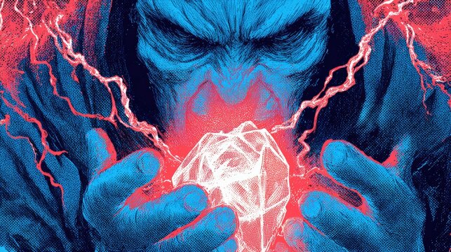 Villainous Figure Holding Glowing Crystal Surrounded by Crackling Energy in Bold Comic Book Style