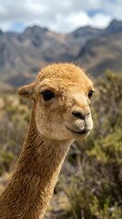Fototapeta premium Adorable young alpaca portrait with soft brown fur against blurred mountain landscape background in natural habitat for wildlife and nature photography.