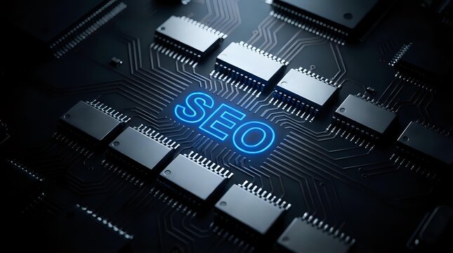 SEO search engine optimization concept on computer circuit board with microchips and electronic components for digital marketing technology solutions.
