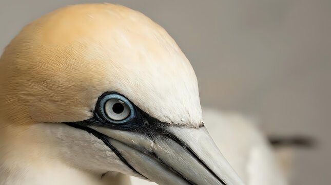 Close-up portrait of northern gannet seabird with distinctive yellow head plumage and piercing blue eye showing intricate feather detail and natural beauty.
