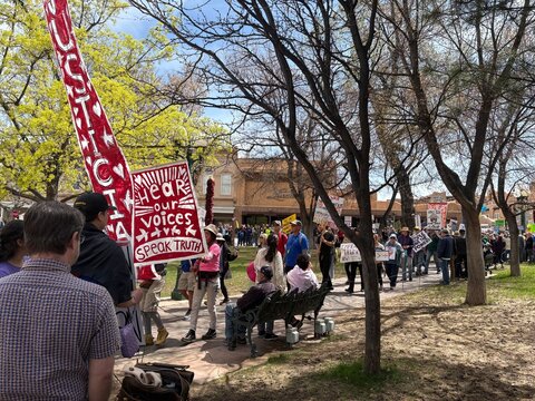 "No Kings&rdquo; political protest rally on the historic Plaza in Santa Fe, New Mexico on March 28, 2026