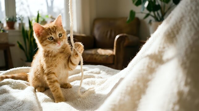 Adorable orange tabby kitten playing with yarn on cozy bed in sunlit room with houseplants. Cute domestic cat enjoying playtime indoors.