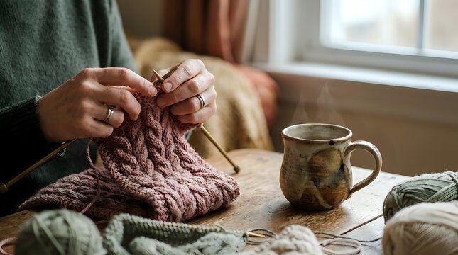 Woman knitting pink cable pattern sweater with wooden needles at cozy home table near window with warm tea mug creating handmade winter clothing craft project.