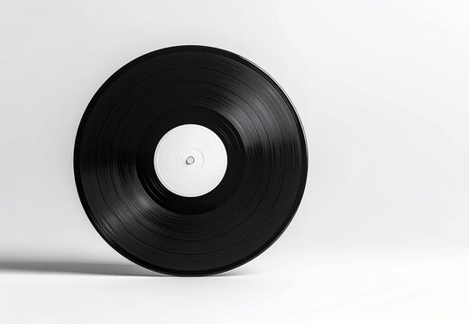 Disco de vinilo negro sobre fondo blanco, composici&oacute;n minimalista, objeto retro de m&uacute;sica anal&oacute;gica icono de creatividad y cultura pop para campa&ntilde;a publicitaria con espacio para copy