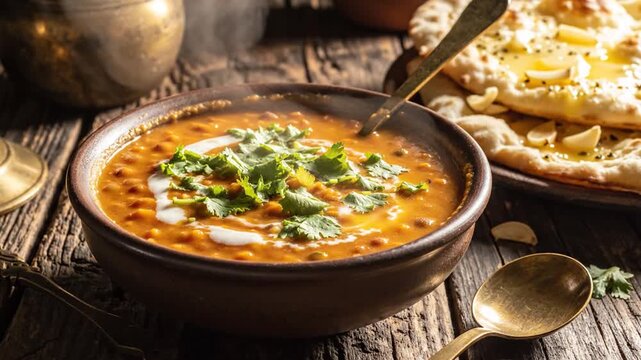 Delicious Indian dal lentil soup with naan bread on rustic table