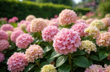 Fototapeta premium Pink hydrangea flowers bloom in a rich garden. These beautiful blossoms create a vibrant floral display. Hydrangea bushes grow thick with many flower heads.