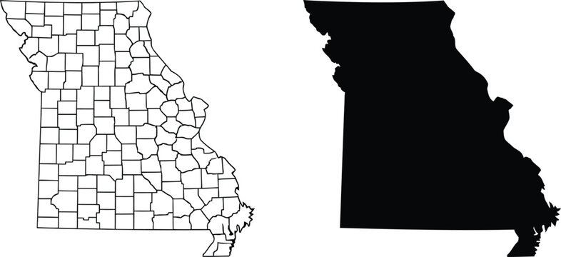 A side by side comparison showing both the county lines and the solid silhouette of missouri state Vector
