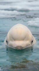 Fototapeta premium White beluga whale head emerging from turquoise ocean water with gentle waves in background, marine mammal wildlife photography for nature content.