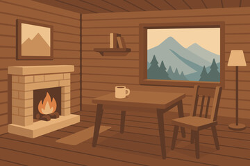 Naklejka premium Cozy cabin interior with fireplace, table, and mountain view window