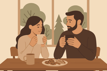 Fototapeta premium Couple enjoying a warm drink and cookies together by the window