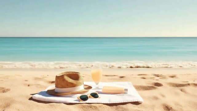 Summer vacation accessories and refreshing drink on a white towel at a tropical beach representing relaxation and leisure