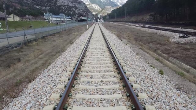 aerial view of the train station of Canfranc in the pyrenees