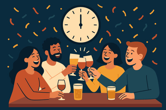 Friends celebrating midnight with drinks and confetti, toasting at the new year