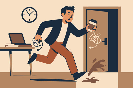 Man in a rush spills coffee and tangles headphones while running late for work