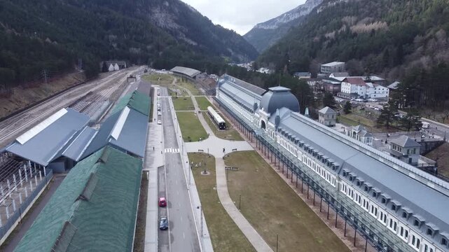 aerial view of the train station of Canfranc in the pyrenees