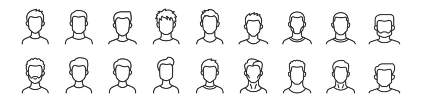 set of black line male avatar icons different hairstyles and facial hair on transparent background