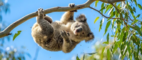 Fototapeta premium Adorable koala hanging upside down from eucalyptus branch against blue sky, showcasing Australian wildlife in natural habitat for educational content.