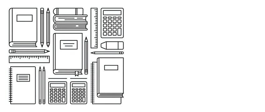 Office supplies and stationery items collection including notebooks, calculators, folders and organizers in black line art style on white background.
