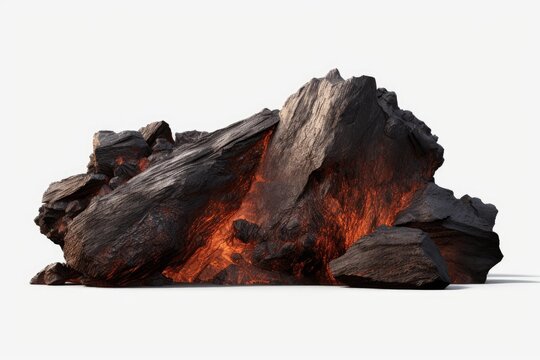 Coal rock glowing intensely with hot embers indicating heat and energy on a white background