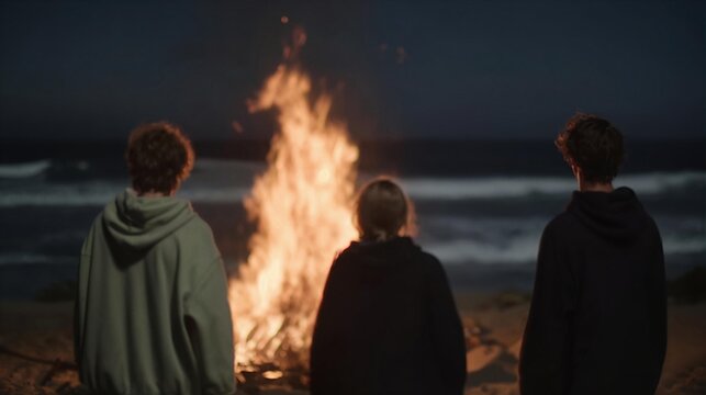 Three friends stand as silhouettes around a glowing beach bonfire at night, sparks and embers drifting upward into a dark starry sky in a high-contrast firelight cinematic wide shot.