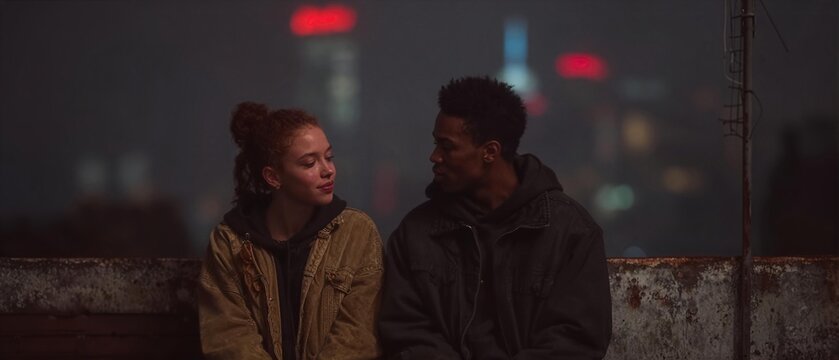 Two figures sit on a gritty city rooftop ledge at night, their faces lit by a distant neon sign against a cyberpunk-inspired magenta and cyan cityscape of skyscrapers and antennas.