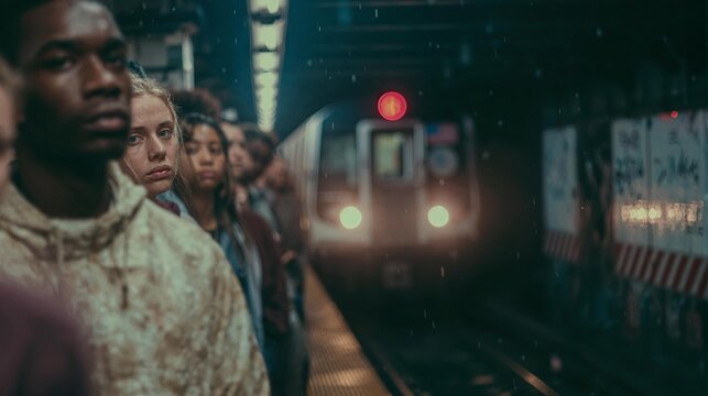 A crowd of commuters waits on a gritty city subway platform as approaching train headlights illuminate their faces, harsh white fluorescent light and deep shadows framing an atmospheric urban transit