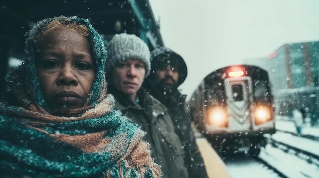 Commuters bundled in heavy winter coats wait on a snow-covered outdoor train platform, their visible breath and approaching headlights cutting through a grey moody snowstorm.