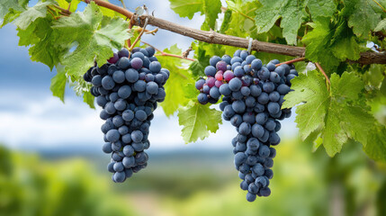 Naklejka premium Ripe dark grapes hanging from vines ready for harvest, symbolizing abundance, nature's bounty, the winemaking process, and the rich flavors of a vineyard
