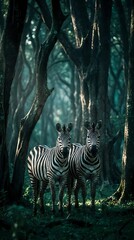 Fototapeta premium Two zebras standing together in mystical forest with dramatic lighting and twisted tree branches creating enchanting wildlife scene.