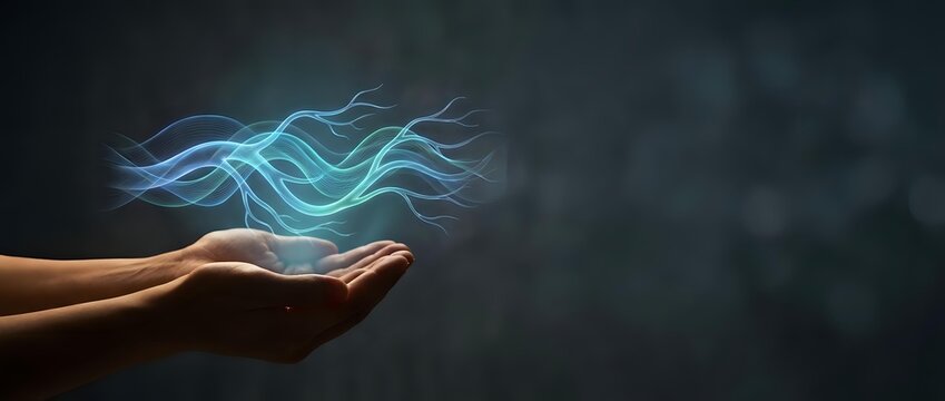 Hands cupping glowing blue energy waves with electric lightning effects against dark background for technology and power concepts.
