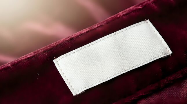 Blank white fabric label on burgundy velvet textile with soft lighting for clothing branding and fashion design projects.