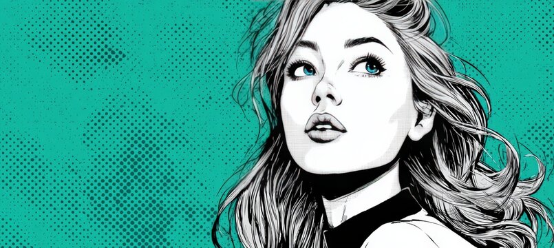 Comic Book Heroine with Wind-Swept Hair Against Solid Teal Background with Bold Black Outlines