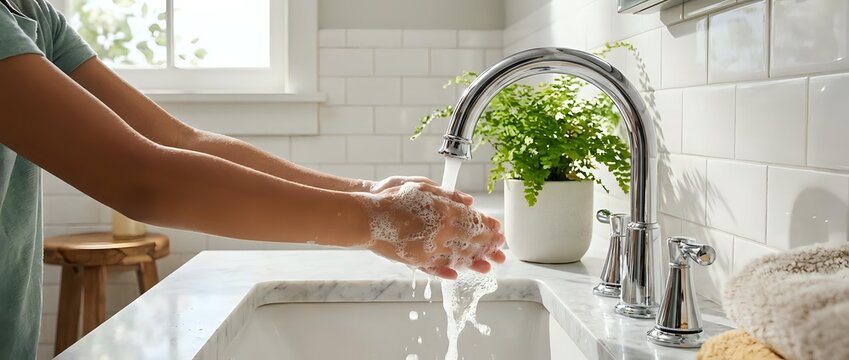 Woman washing hands under running water at modern kitchen sink with white subway tile backsplash and potted herbs for hygiene and cleanliness routine.