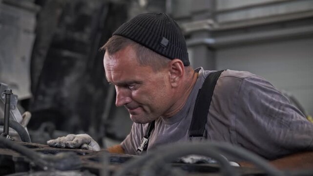 Professional engine mechanic inspects a huge diesel truck engine for examples of breakdowns 